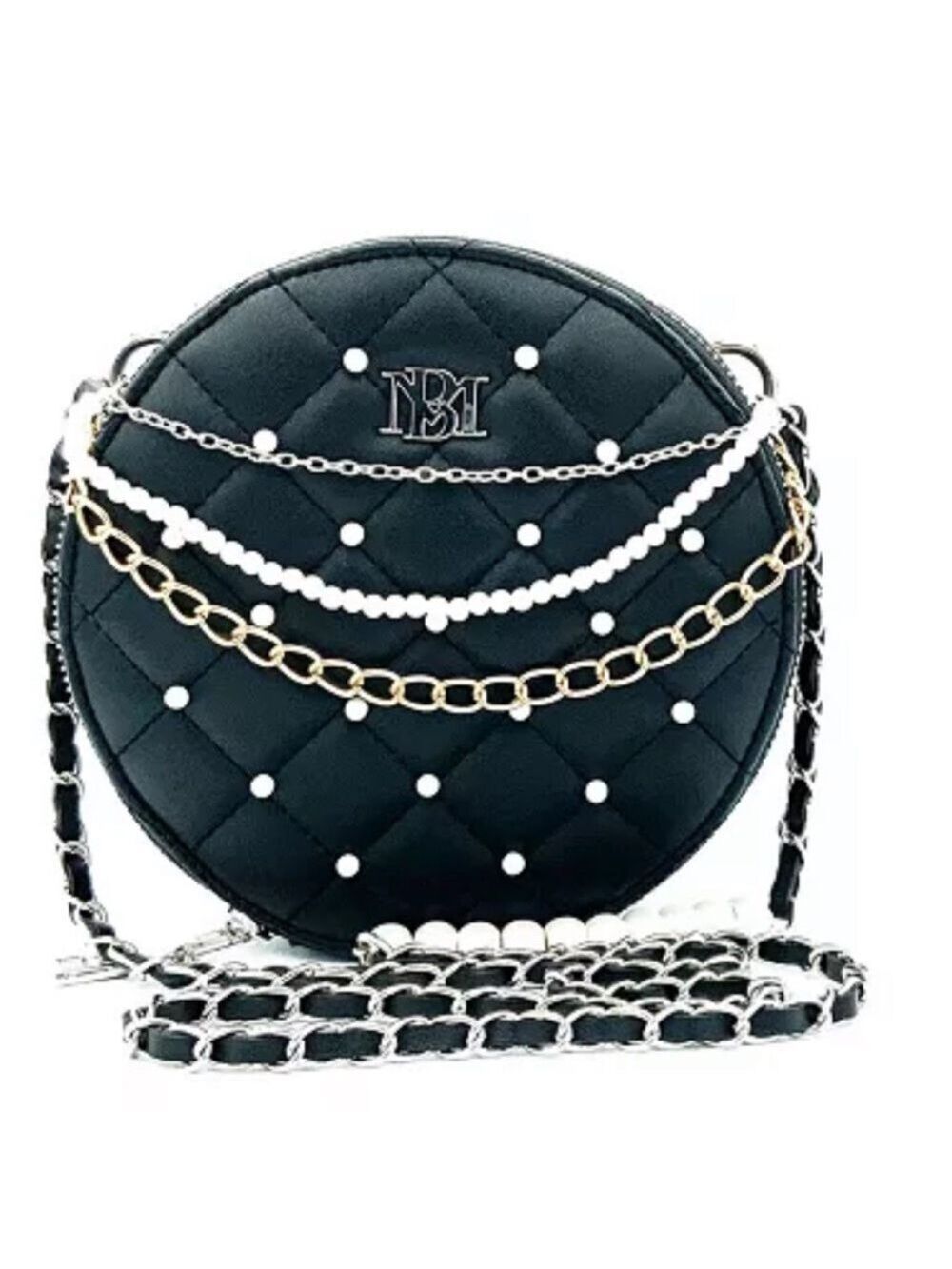 NWT Badgley Mischka Round Purse with  Diamond Quilting, Pearls, Crossbody